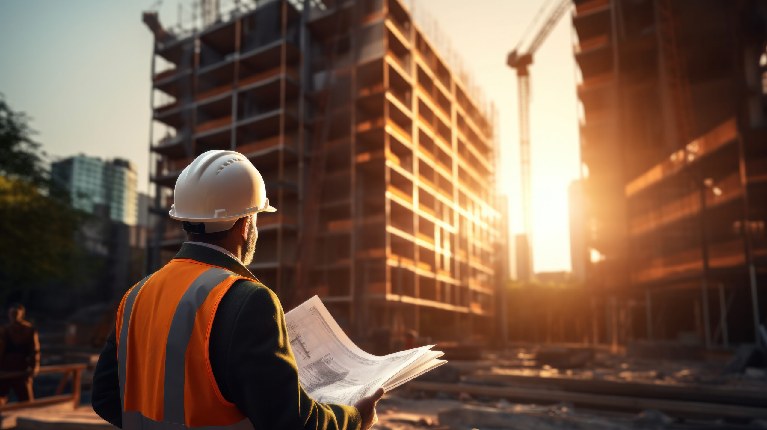 Building inspector, Engineering consulting people on construction site holding blueprint in his hand.