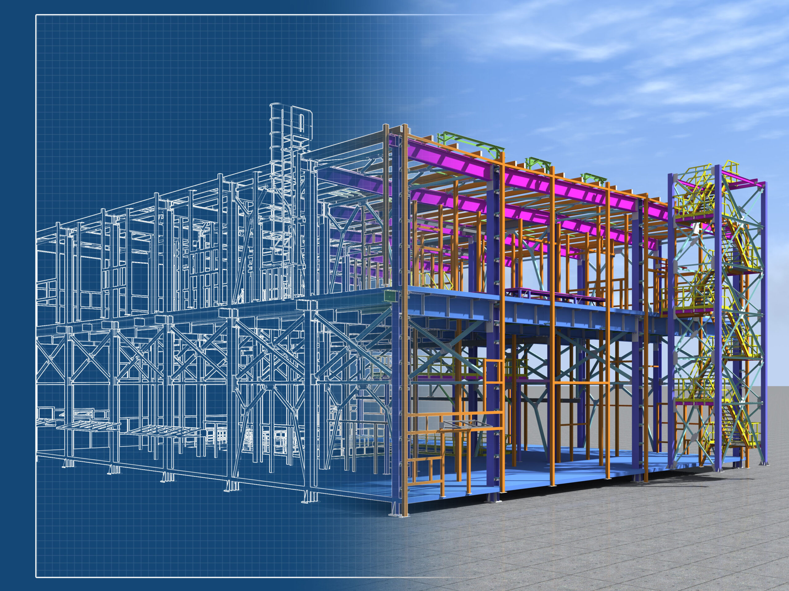 Building Information Model of metal structure. 3D BIM model. The building is of steel columns, beams, connections, etc. 3D rendering. Engineering, industrial, construction BIM background.